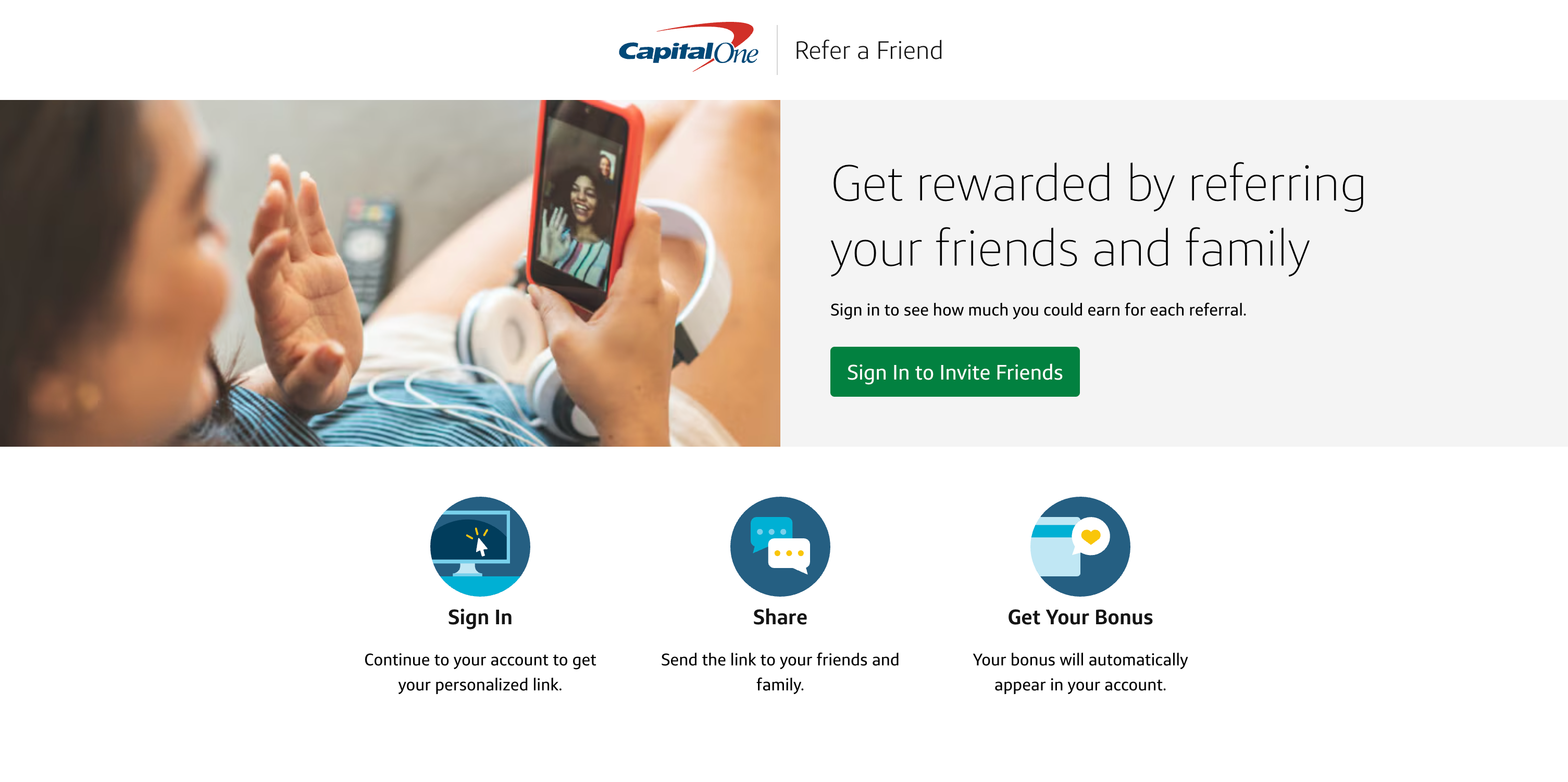Capital one Refer a friend landing page before logging in